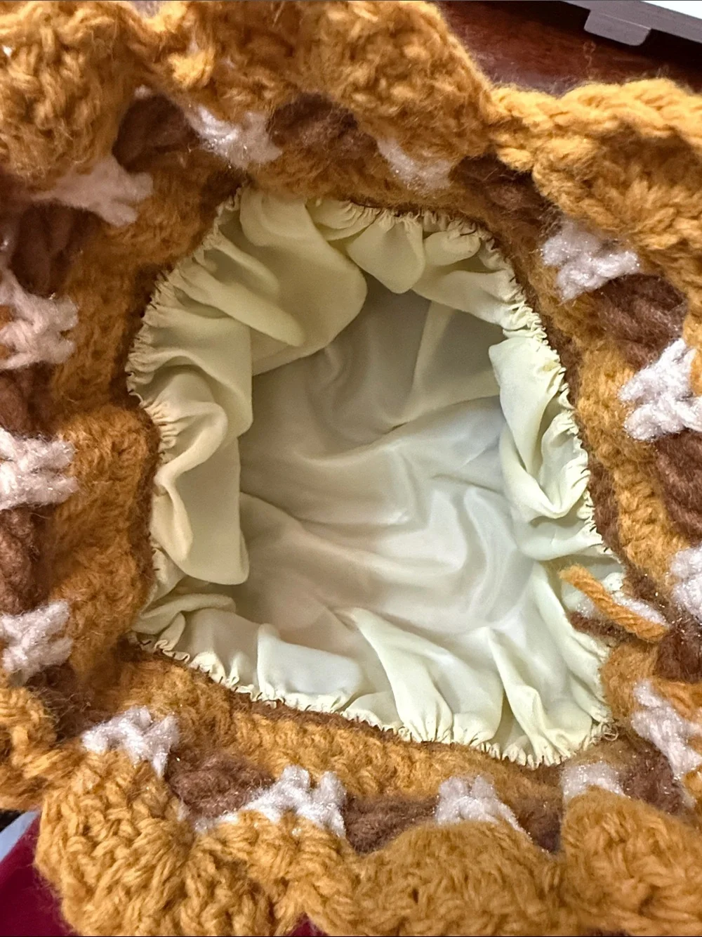 Vintage handmade crochet purse with drawstring in golds creams and browns lined